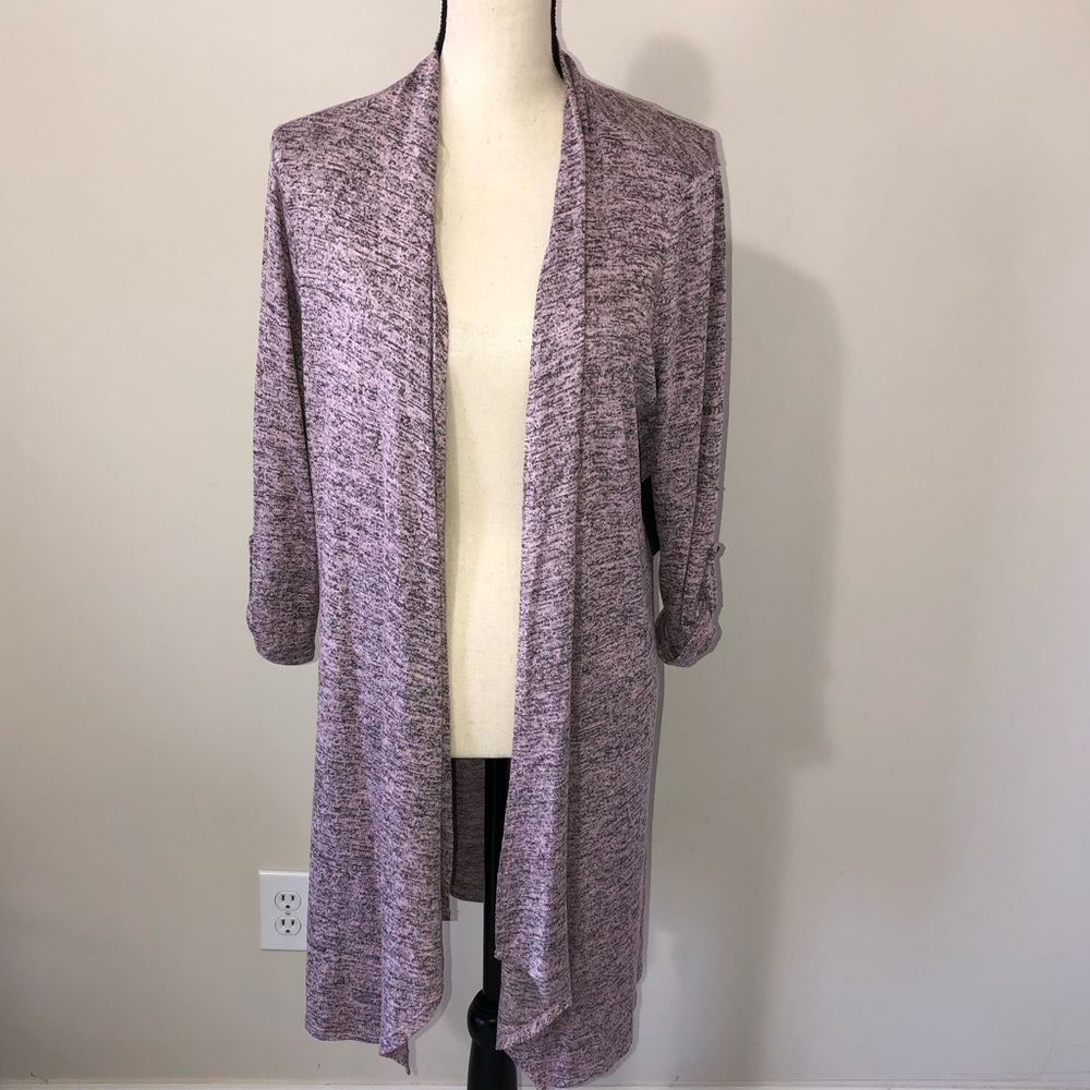 Corvia Long Line Open Cardigan Size L NWT Pink Black Marled Button Tab Sleeves